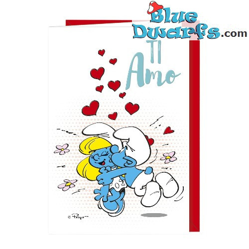Schtroumpf embrassant Schtroumpfette - Carte d’anniversaire Les Schtroumpfs - Langue italienne - Cromo - 11,5 x 17 cm