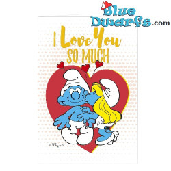 Puffetta che bacia Puffo - Biglietto di compleanno dei Puffi - I Love You - Ti amo - Lingua inglese - Cromo - 11,5 x 17 cm
