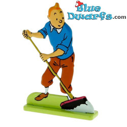 Tintin che spazza il pavimento – Figurina in metallo in rilievo di Tintin – Tintinimaginatio – 8 x 8 cm