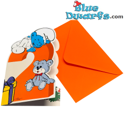 Babysmurf met een Teddybeer - De Smurfen Reliëf Verjaardagskaart - De Tweede Verjaardagskaart - Cromo - 11,5 x 17 cm