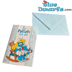 Schlumpfine mit Babyschlumpf - Hellblau - Die Schlümpfe Geburtstagskarte - Italienische Sprache - Cromo - 11,5 x 17 cm