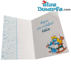 Pitufina con Bebé Pitufo - Celeste - Tarjeta de cumpleaños de Los Pitufos - Idioma italiano - Cromo - 11,5 x 17 cm
