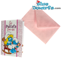 Puffetta con Puffo Bebè - Rosa - Biglietto di compleanno dei Puffi - Lingua italiana - Cromo - 11,5 x 17 cm