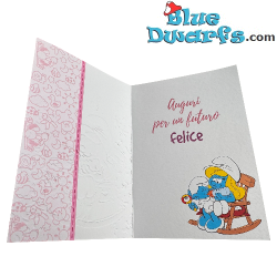 Smurfin met Babysmurf - Roze - De Smurfen verjaardagskaart - Italiaanse taal - Cromo - 11,5 x 17 cm