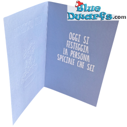 Puffo su un fungo - Viola - Biglietto di compleanno dei Puffi - Buon compleanno - Lingua italiana - Cromo - 11,5 x 17 cm