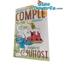 Schtroumpf Gourmand mangeant du gâteau - Carte d'anniversaire gaufrée des Schtroumpfs - Langue italienne - Cromo - 11,5 x 17 cm