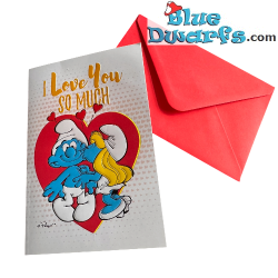 Puffetta che bacia Puffo - Biglietto di compleanno dei Puffi - I Love You - Ti amo - Lingua inglese - Cromo - 11,5 x 17 cm