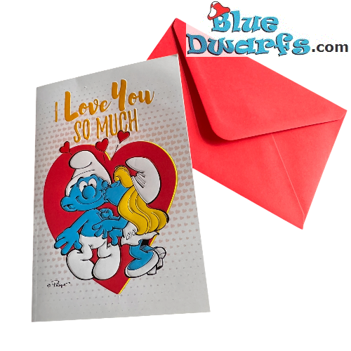 Puffetta che bacia Puffo - Biglietto di compleanno dei Puffi - I Love You - Ti amo - Lingua inglese - Cromo - 11,5 x 17 cm