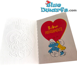 Pitufina besando a Pitufo - Tarjeta de cumpleaños de Los Pitufos - I Love You - Te quiero - Idioma inglés - Cromo - 11,5 x 17 cm