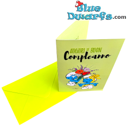 Schtroumpfs avec fleurs et un ruban - Carte d'anniversaire des Schtroumpfs - Langue italienne - Cromo - 11,5 x 17 cm