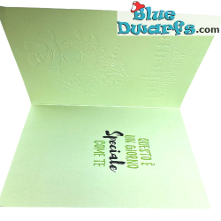Puffi con fiori e nastro - Biglietto di compleanno dei Puffi - Lingua italiana - Cromo - 11,5 x 17 cm