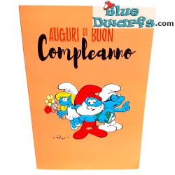 Smurfette, Papa and Brainy Smurf - The Smurfs Birthday Card - Italian Language - Cromo - 11.5 x 17 cm