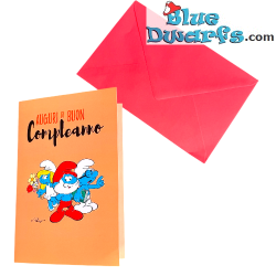 Smurfette, Papa and Brainy Smurf - The Smurfs Birthday Card - Italian Language - Cromo - 11.5 x 17 cm