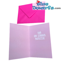 Puffetta su un fungo - Rosa - Biglietto di compleanno dei Puffi - Buon compleanno - Lingua italiana - Cromo - 11,5 x 17 cm