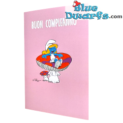 Puffetta su un fungo - Rosa - Biglietto di compleanno dei Puffi - Buon compleanno - Lingua italiana - Cromo - 11,5 x 17 cm
