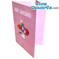 Smurfin op een paddenstoel - Roze - Verjaardagskaart van de Smurfen - Gefeliciteerd - Italiaanse taal - Cromo - 11,5 x 17 cm