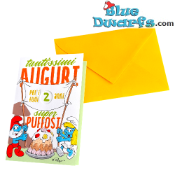 Puffetta e Grande Puffo con torta - Biglietto di compleanno in rilievo dei Puffi - Lingua italiana - Cromo - 11,5 x 17 cm