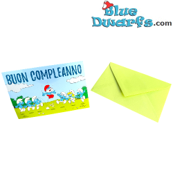 Papá Pitufo saltando y Pitufo Bromista - Tarjeta de cumpleaños desplegable de Los Pitufos - Cromo - 11,5 x 17 cm