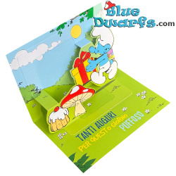 Papa Smurf jumping and Jokey Smurf - The Smurfs Pop Up Birthday Card - Italian Language - Cromo - 11.5 x 17 cm