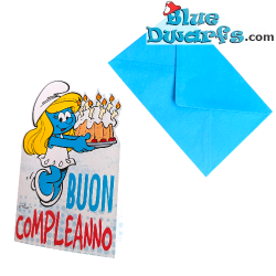 Schtroumpfette avec gâteau - Carte d'anniversaire gaufrée des Schtroumpfs - Joyeux anniversaire - Cromo