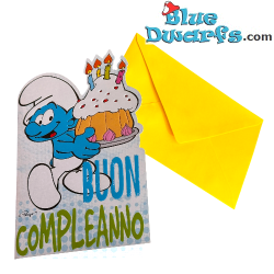 Schtroumpf Gourmand avec gâteau - Carte d'anniversaire gaufrée des Schtroumpfs - Joyeux anniversaire - Cromo