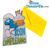 Greedy Smurf with Cake - The Smurfs Embossed Birthday Card - Happy Birthday - Italian Language - Cromo - 11.5 x 17 cm