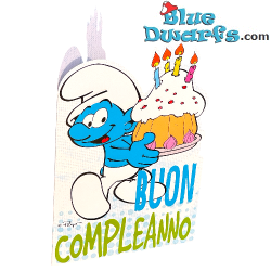 Schtroumpf Gourmand avec gâteau - Carte d'anniversaire gaufrée des Schtroumpfs - Joyeux anniversaire - Cromo