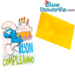 Puffo Golosone con torta - Biglietto di compleanno in rilievo dei Puffi - Buon compleanno - Cromo - 11,5 x 17 cm