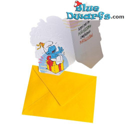 Schtroumpf Farceur assis sur une boîte cadeau - Carte d'anniversaire des Schtroumpfs - Carte gaufrée des Schtroumpfs - Cromo