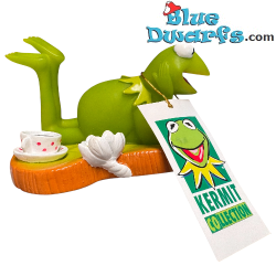 Kermit de kikker -  Badspeelgoed / Piepertje - Op hartvormig lelieblad met koffie en bloem - 11cm