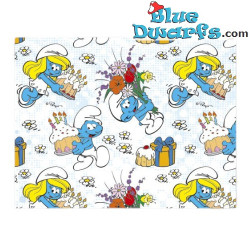 I Puffi con fiori e torte - Carta regalo dei Puffi - Articolo di compleanno dei Puffi - Cromo - 100 x 70 cm