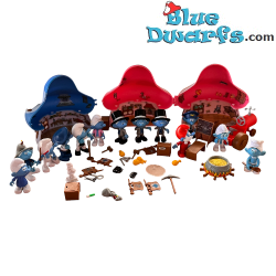 Lot de figurines Schtroumpfs DeAgostini avec maisons de Schtroumpfs et accessoires.