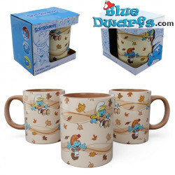 Pitufina Jugando con Hojas de Otoño - Taza de Cerámica de Los Pitufos - Menaje de Cocina de Los Pitufos - 350 ml