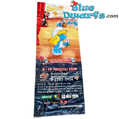 Schlumpfine mit Blume - Thailändisches Schlumpf-Musical-Banner – Unikat – Polyester – 2016 – 160 x 60 cm