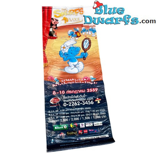 Eitler Schlumpf mit Spiegel - Thailändisches Schlumpf-Musical-Banner – Unikat – Polyester – 2016 – 160 x 60 cm
