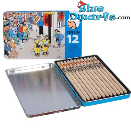 De Blauwe Lotus - Tintin Metalen Doos met 12 Kleurpotloden - Tintinimaginatio - 11 x 18.5 cm